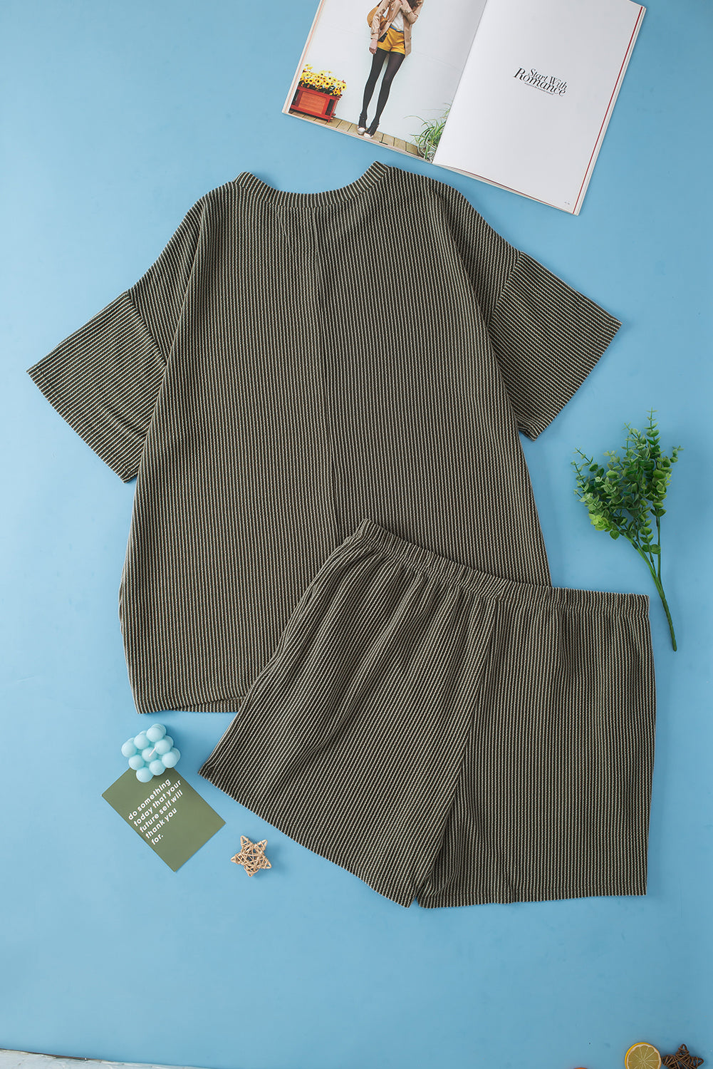 Ensemble Haut a Manches Courtes et Short en Tricot Côtelé de Grande Taille