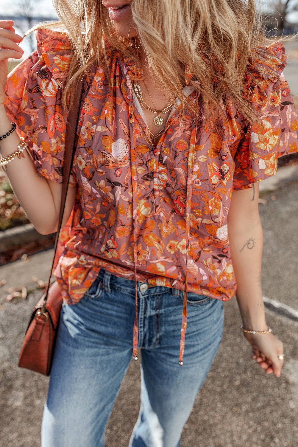 Blouse a col en V a volants et manches flottantes a imprimé floral