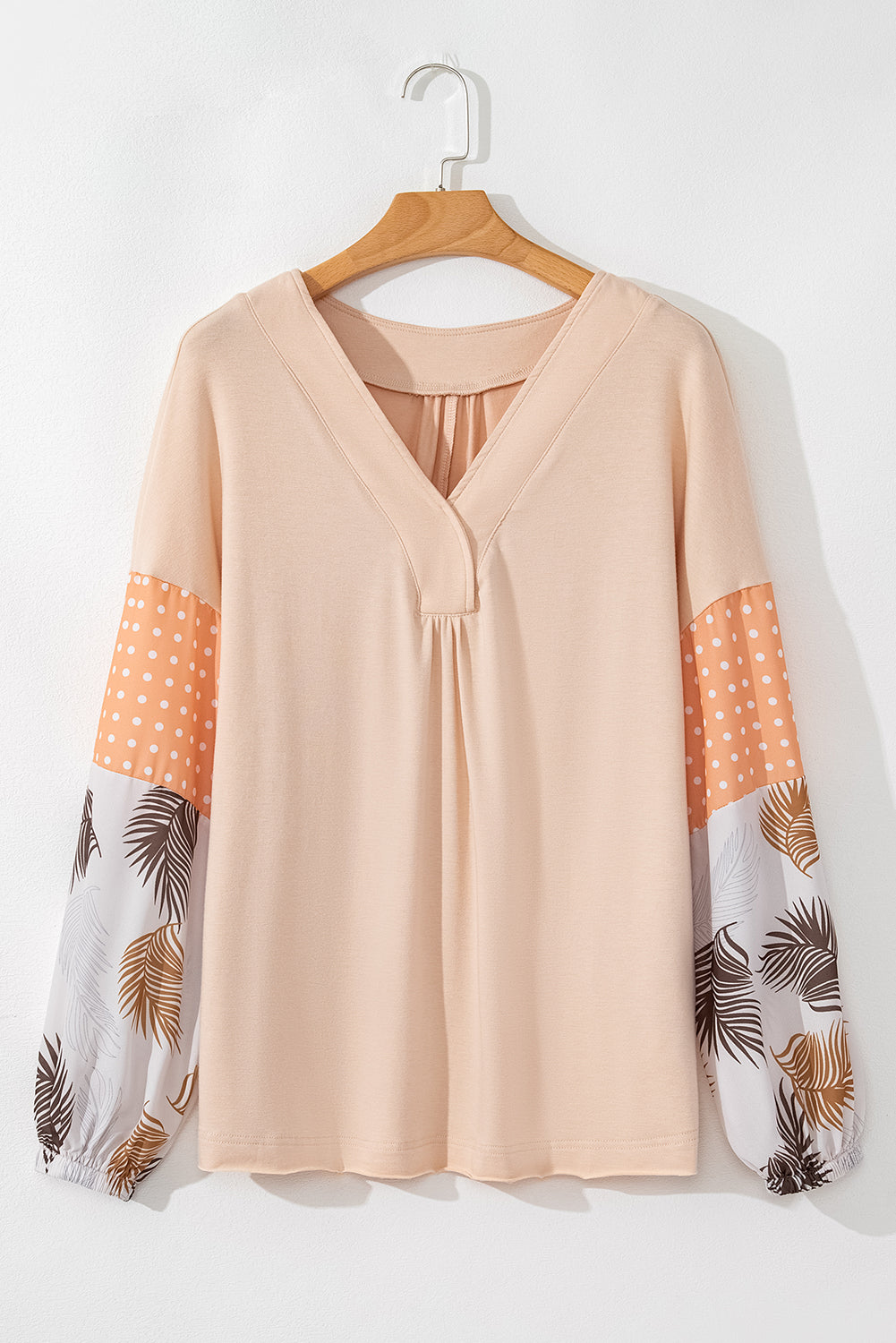 Blouse ample a col en V et manches bouffantes a pois et feuilles de palmier