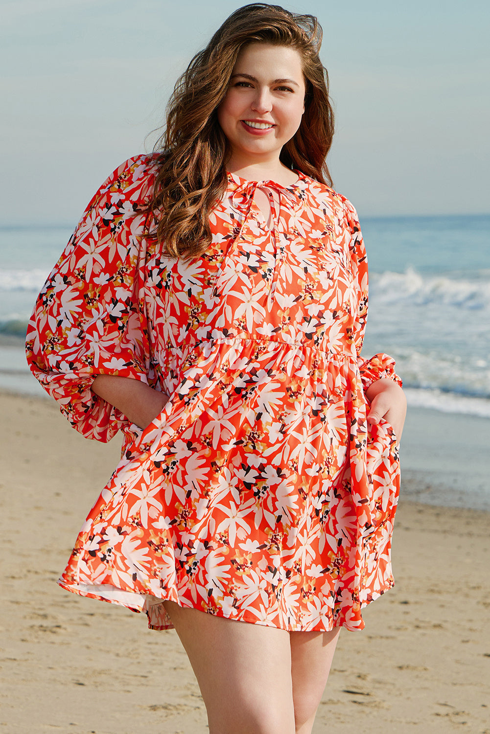 Robe mi-longue grande taille à imprimé floral, col en V, manches bouffantes