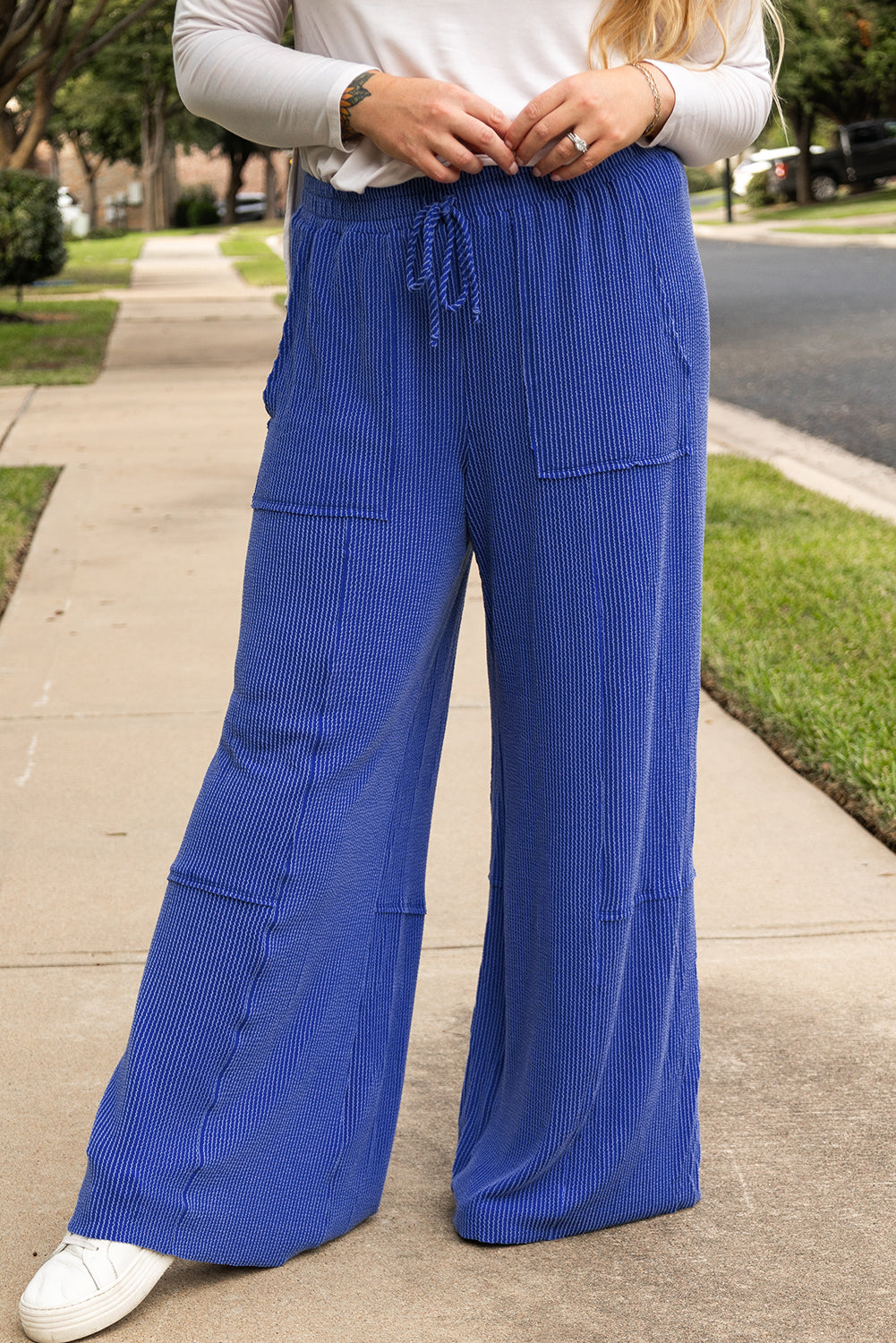 Pantalon a Jambe Large de Grande Taille avec Poche Taille Haute a Cordon de Serrage