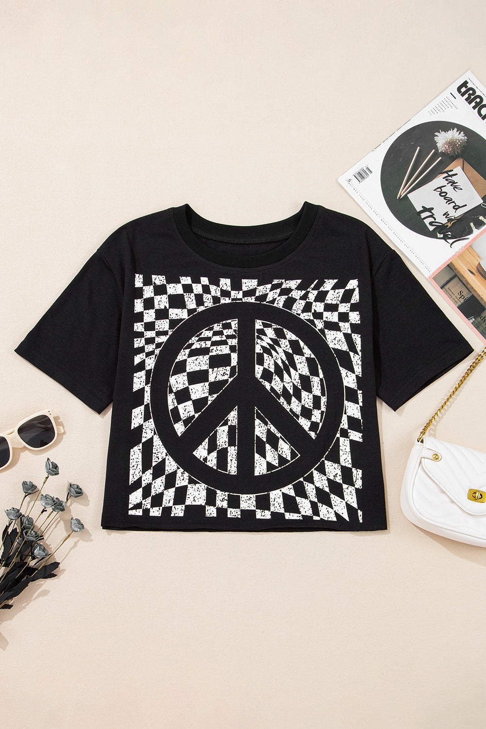 T-shirt col rond imprimé signe de paix en damier