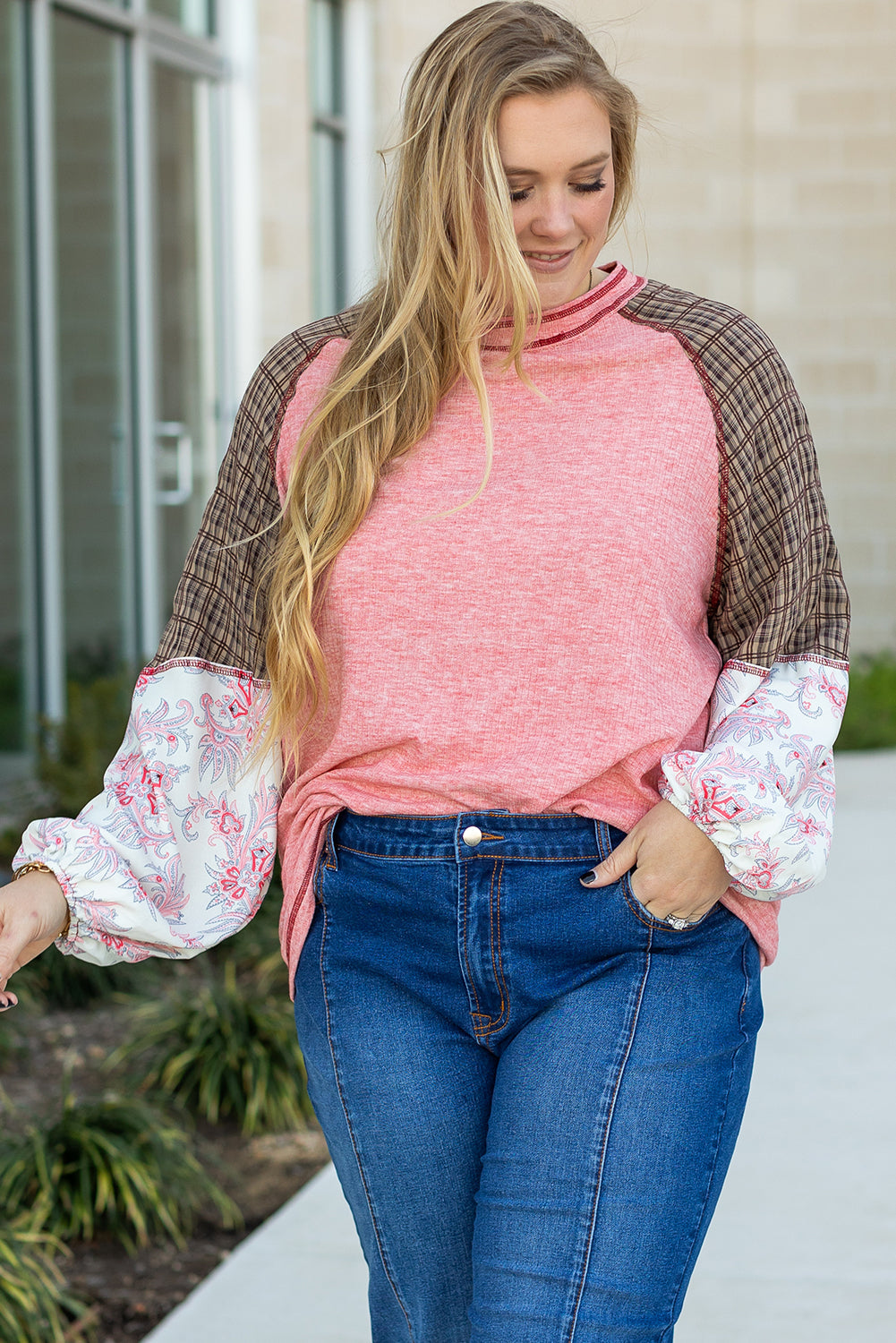 Haut a Carreaux Paisley Patchwork Manches Raglan Coutures Grande Taille