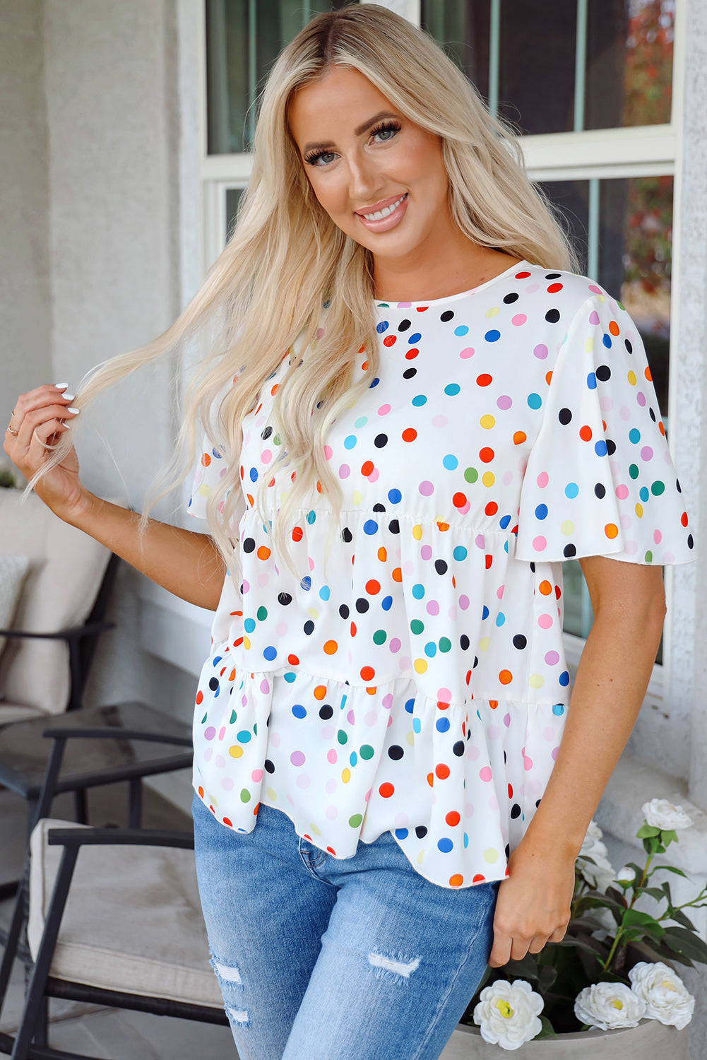 Chemisier babydoll à volants et manches courtes à pois colorés