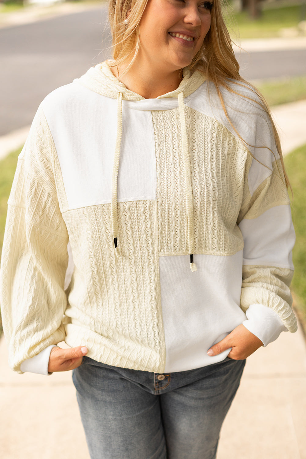 Sweat a Capuche Texturé Patchwork a Coutures Exposées Grande Taille