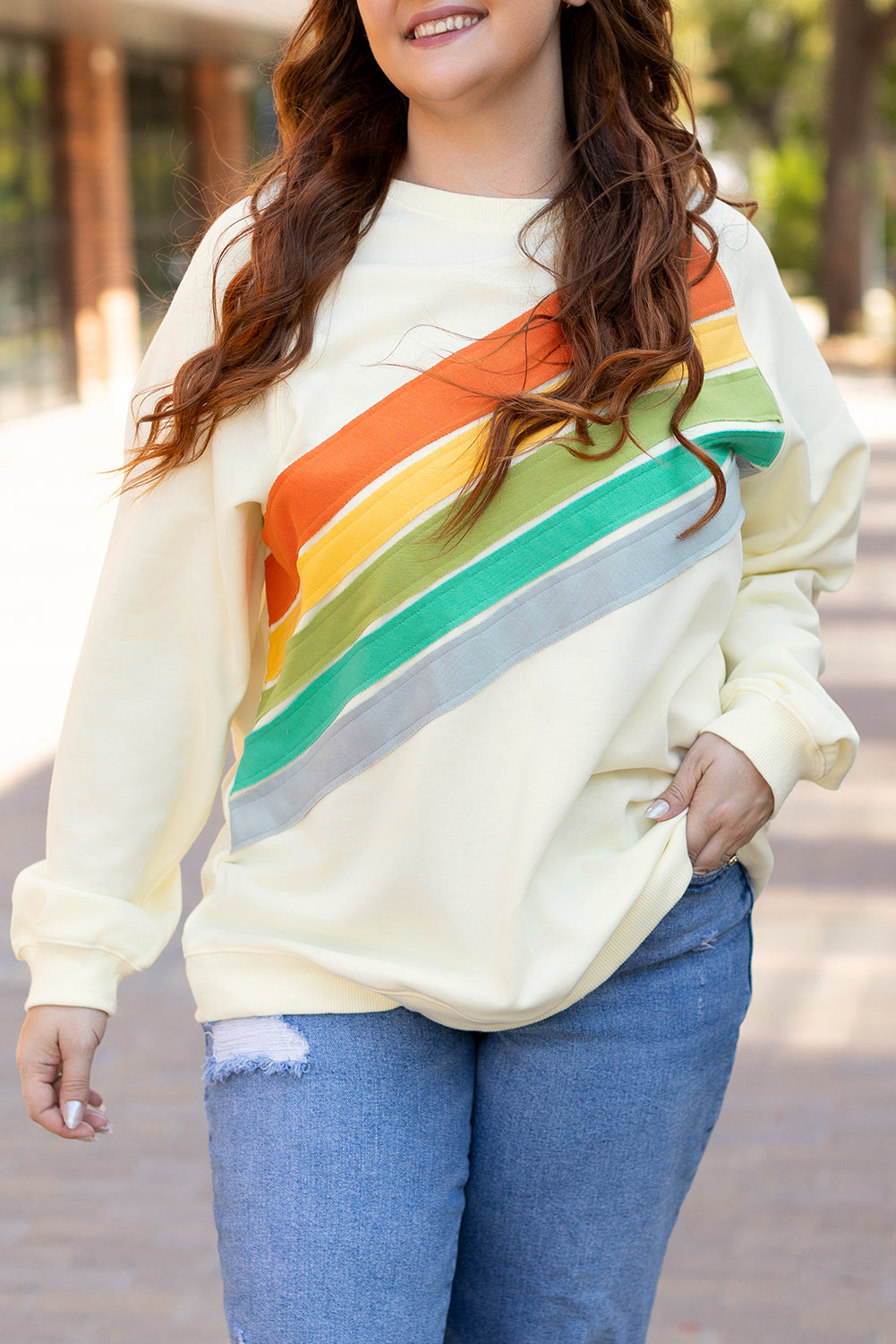 Sweat-shirt arc-en-ciel a manches raglan et col rond, grande taille