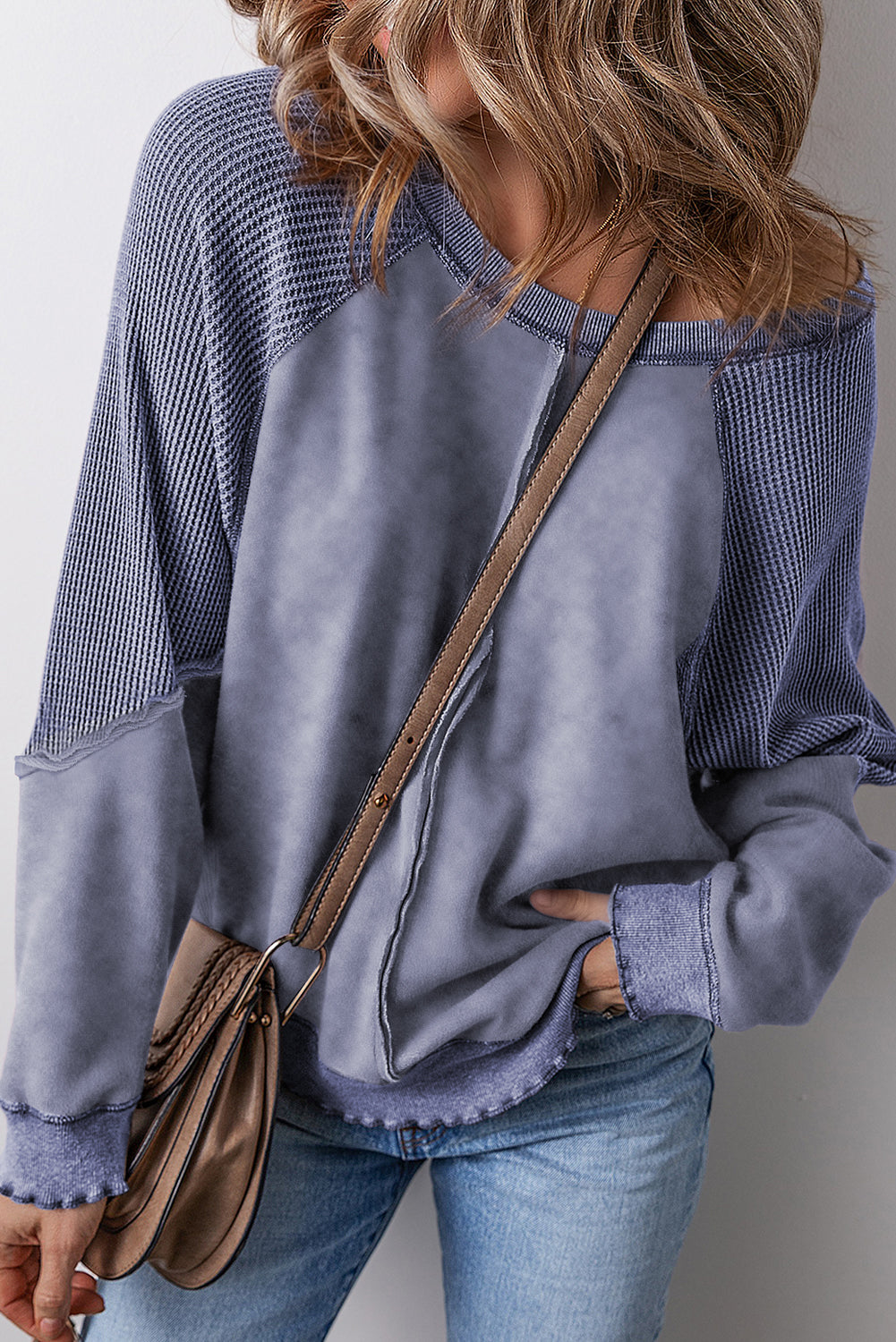 Sweat-shirt a manches raglan en tricot gaufré uni