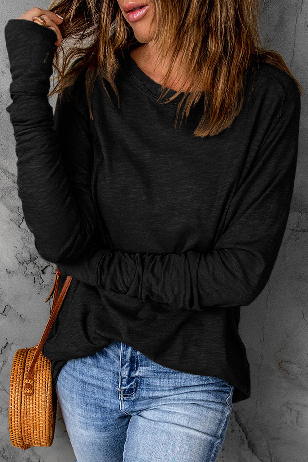 Haut uni à manches longues et col rond