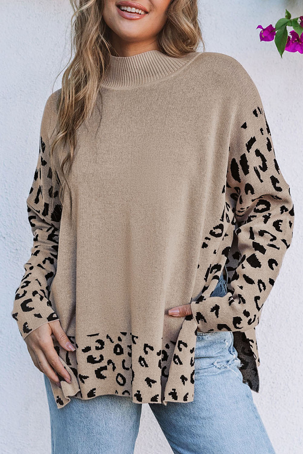 Pull oversize kaki léopard à col haut et fente latérale