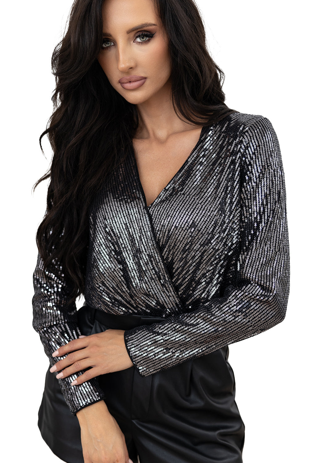 Body en maille a paillettes et manches longues a col surplis