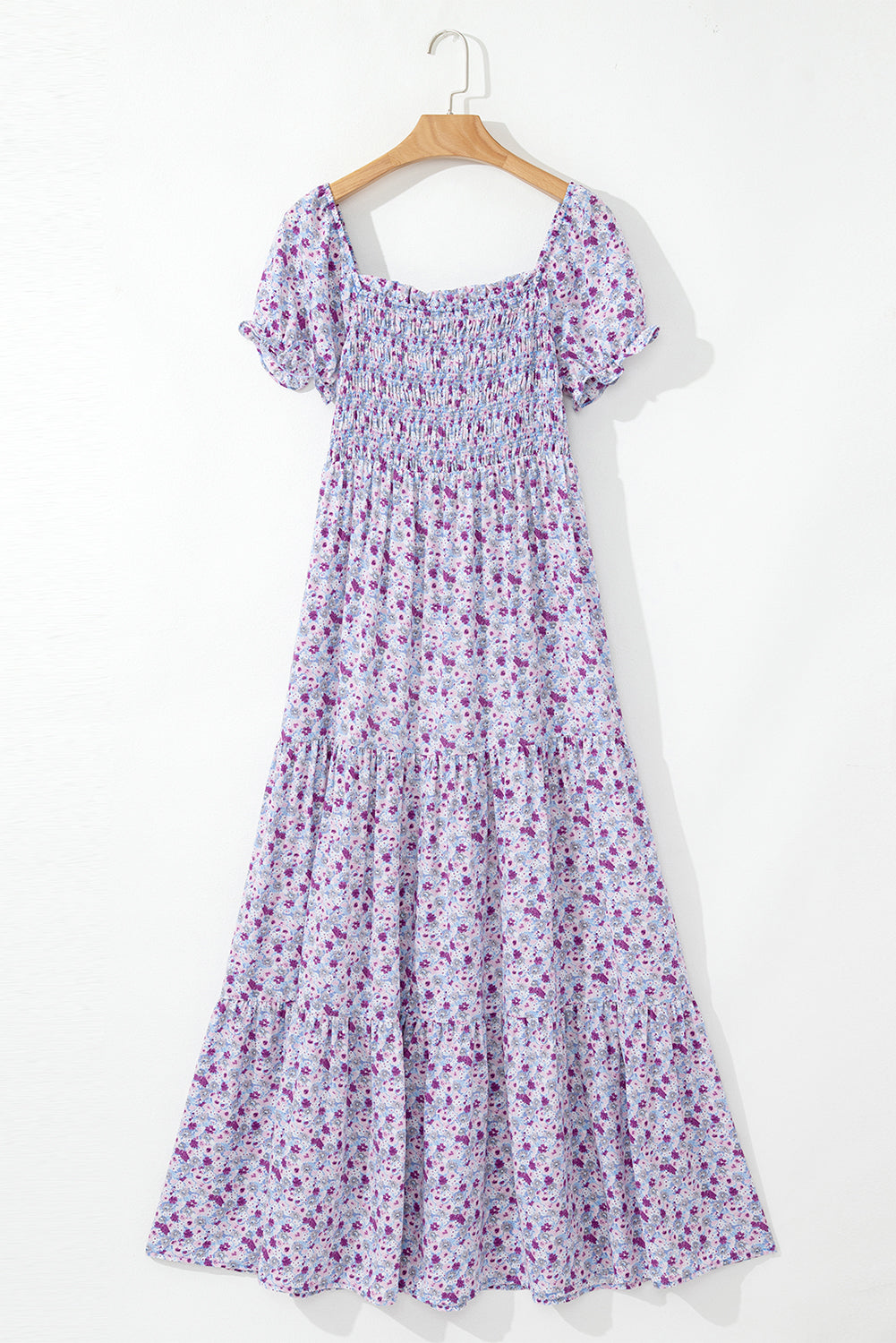 Robe longue fleurie à manches courtes bouffantes et taille haute froncée