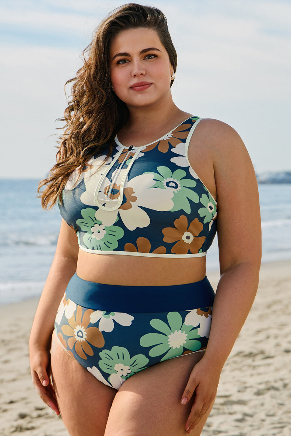 Bikini deux pièces grande taille zippé à imprimé floral