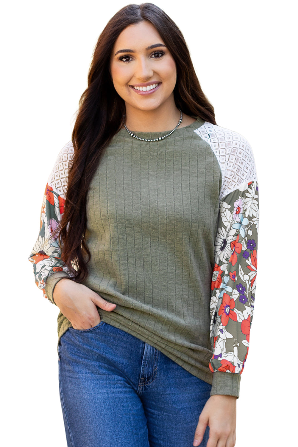 Blouse côtelée a manches longues et patchwork floral