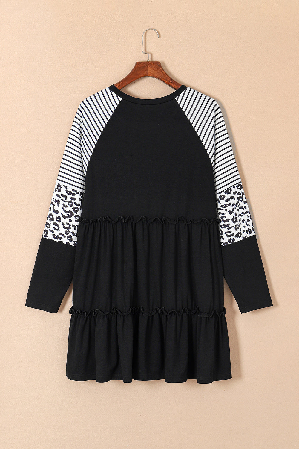 Robe Rayée Léopard à Volants et Manches Patches de Grande Taille