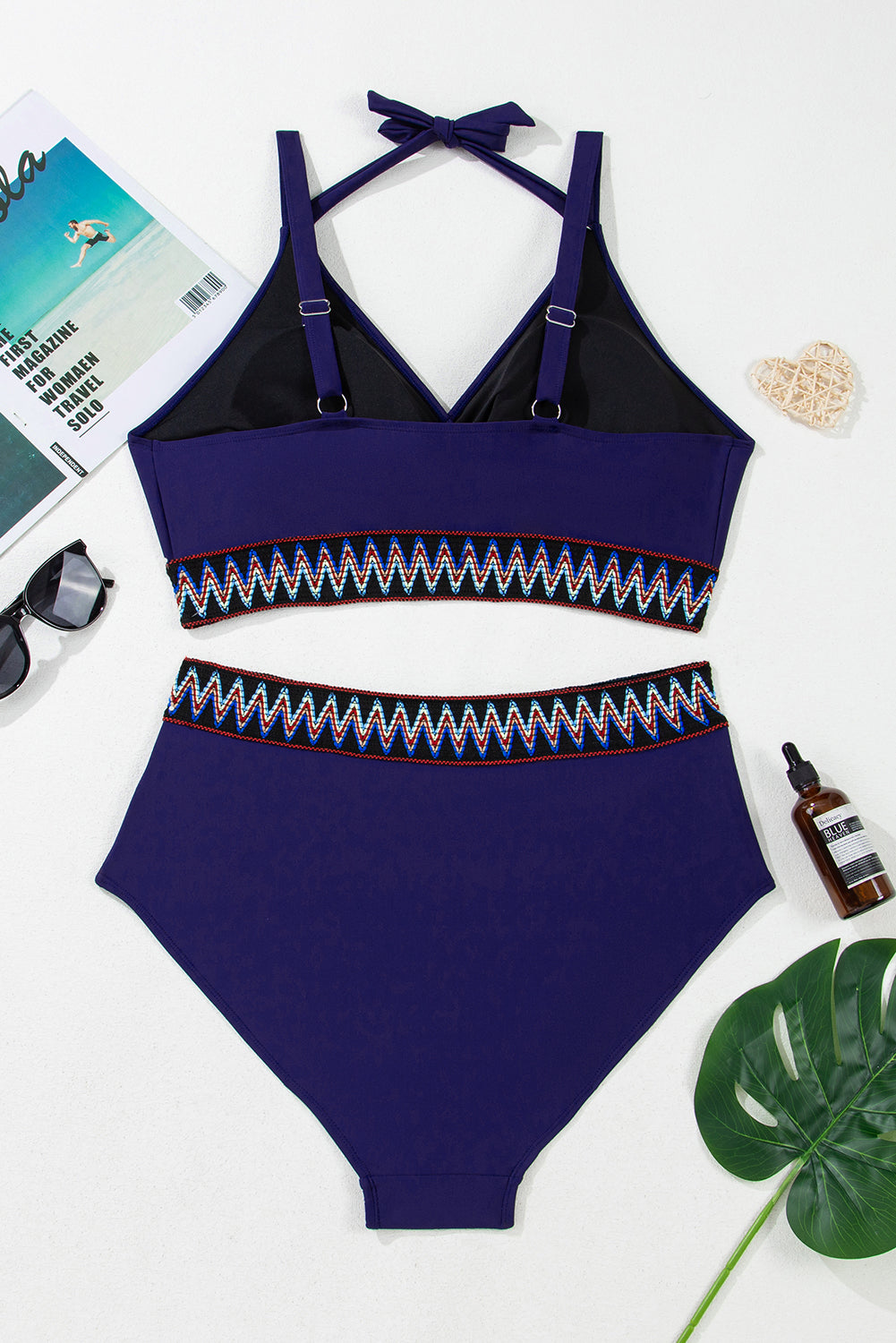 Bikini taille haute grande taille avec bordure brodée et nœud
