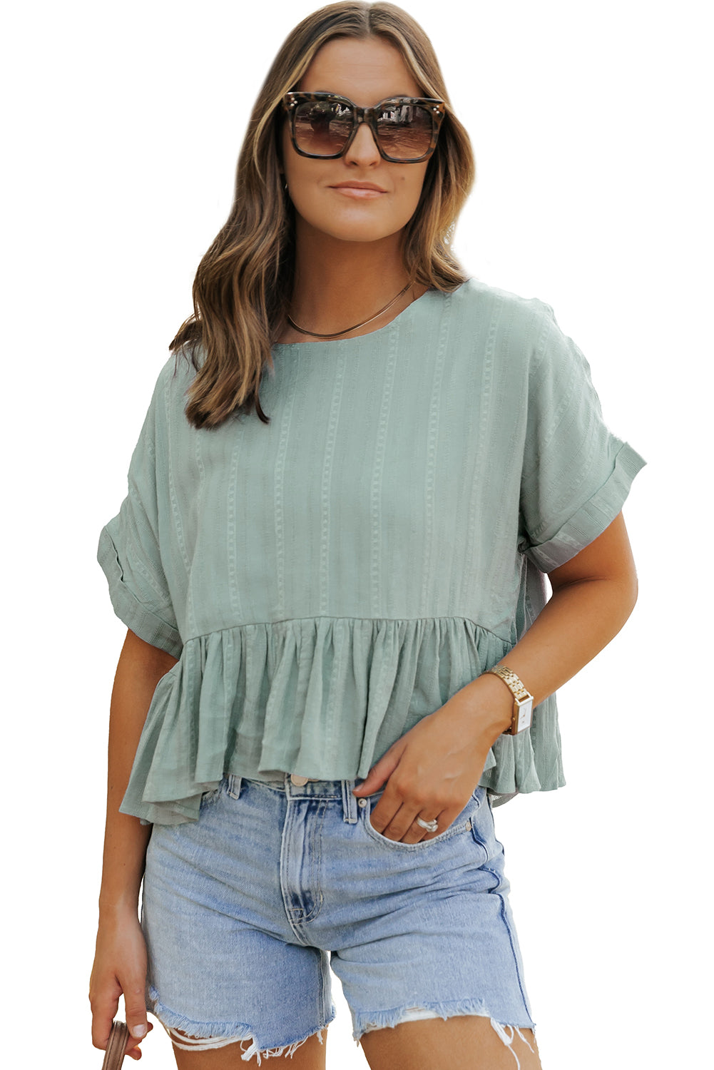 Blouse texturée à manches courtes et ourlet à volants