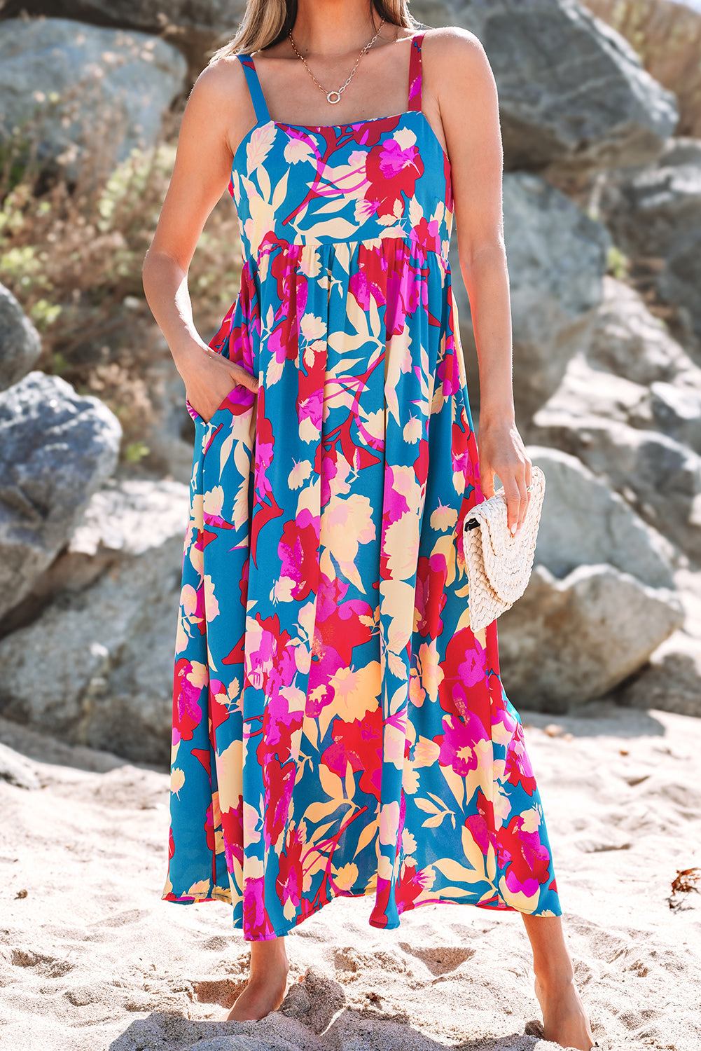 Robe longue évasée sans manches à taille haute et motif floral