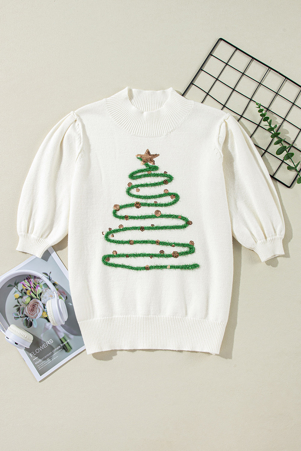 Pull a manches bouffantes avec motif d'arbre de Noël Tinsel