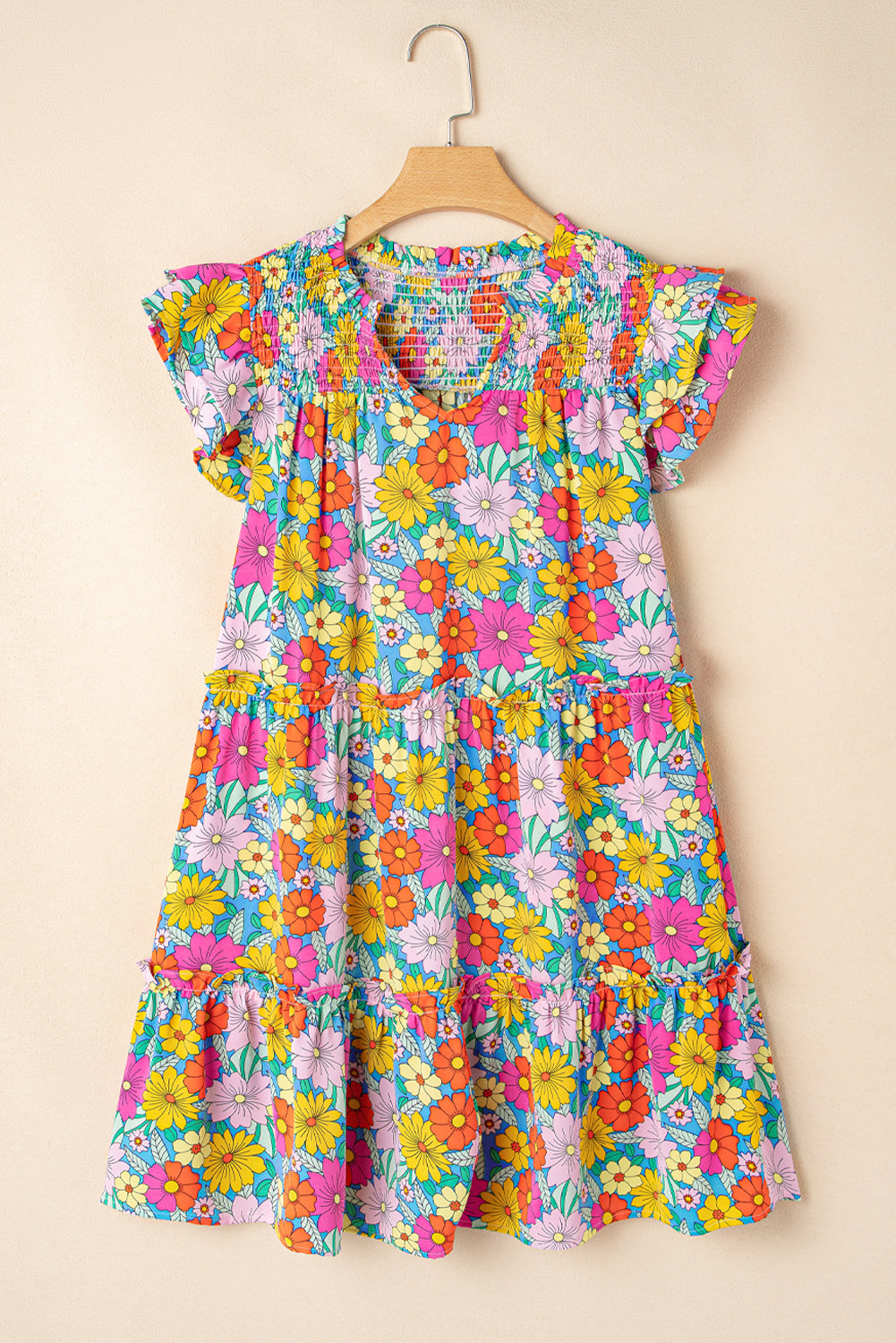 Robe courte à imprimé floral, smockée, col en V, manches flottantes