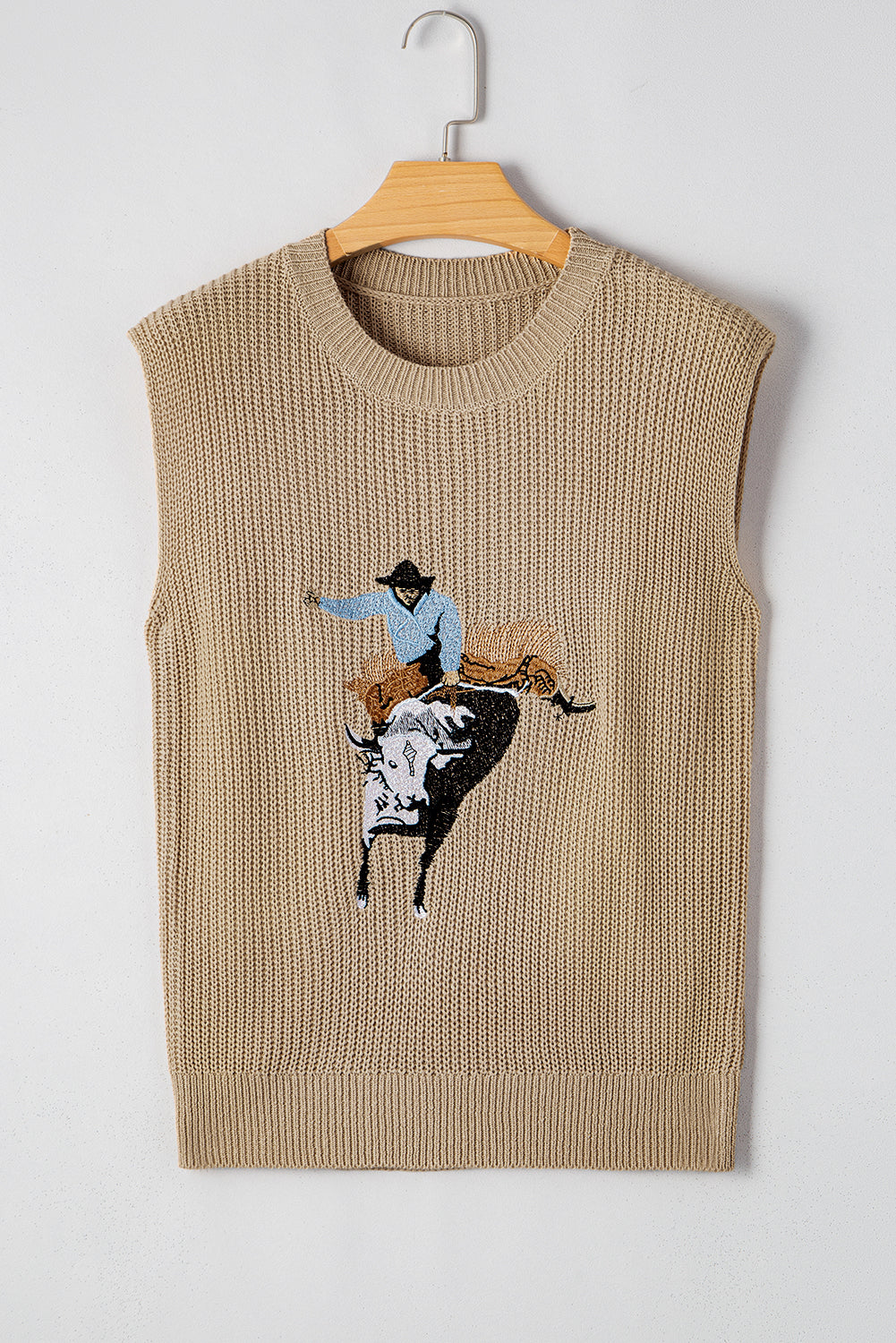 Pull sans manches à col rond et broderie cowboy western