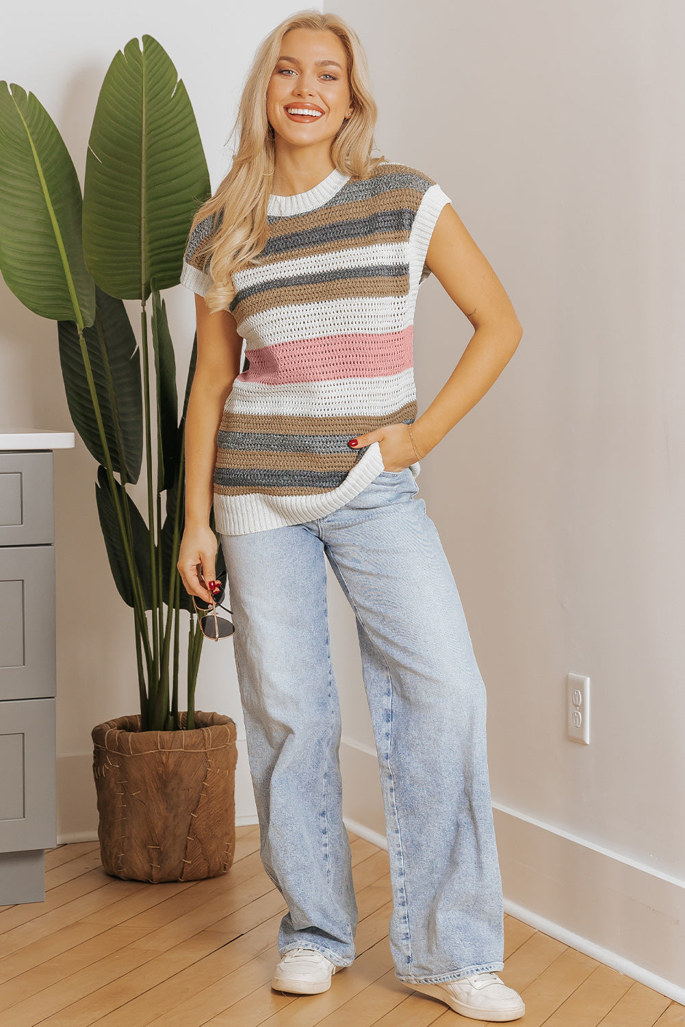 T-shirt pull a manches courtes en tricot a œillets color block