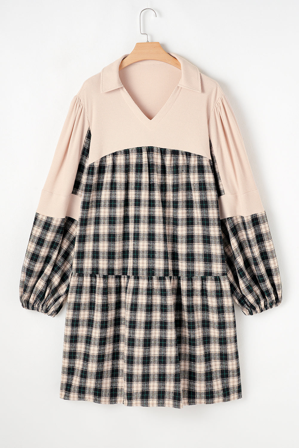 Mini-robe a carreaux en tricot gaufré avec col en V et col en V, grande taille