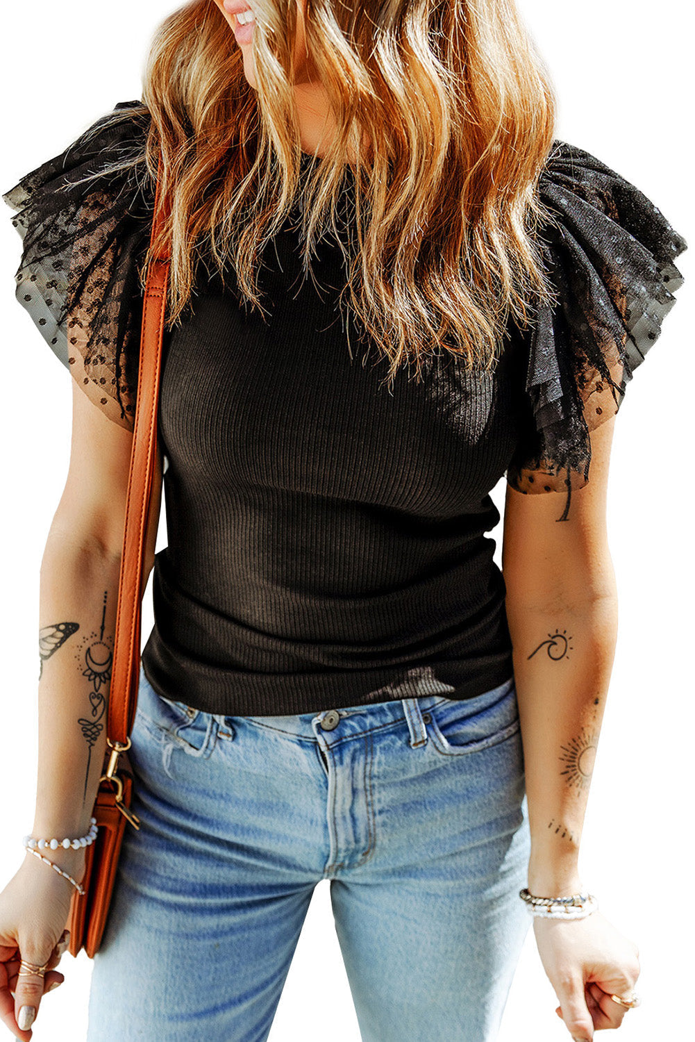 Haut en tricot côtelé a manches volantées en maille Dotty