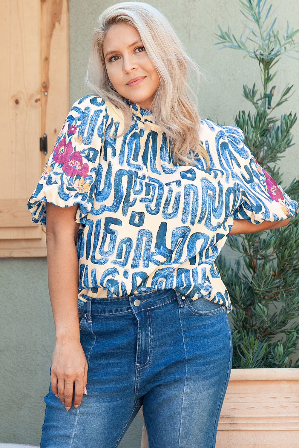 Blouse Brodée Florale Imprimée Abstraite a Manches Bouffantes de Grande Taille
