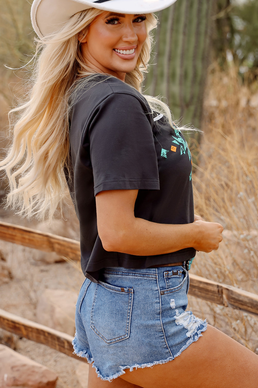 T-shirt vintage à motif tête de taureau western turquoise et aztèque