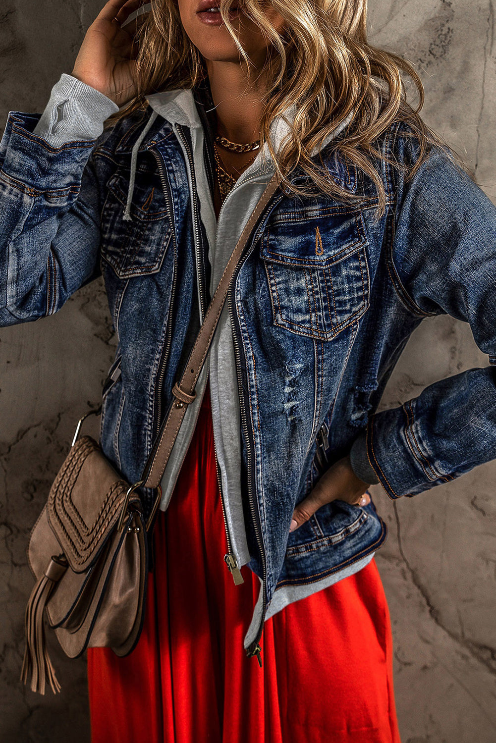 Veste en jean zippée à capuche