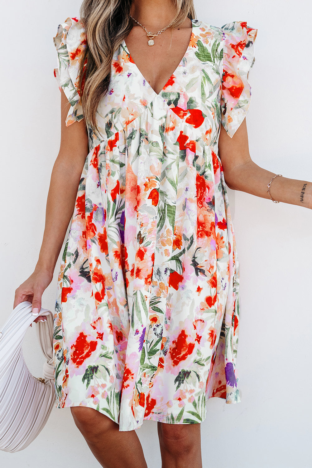 Mini-robe florale à manches à double volant et col en V, taille haute