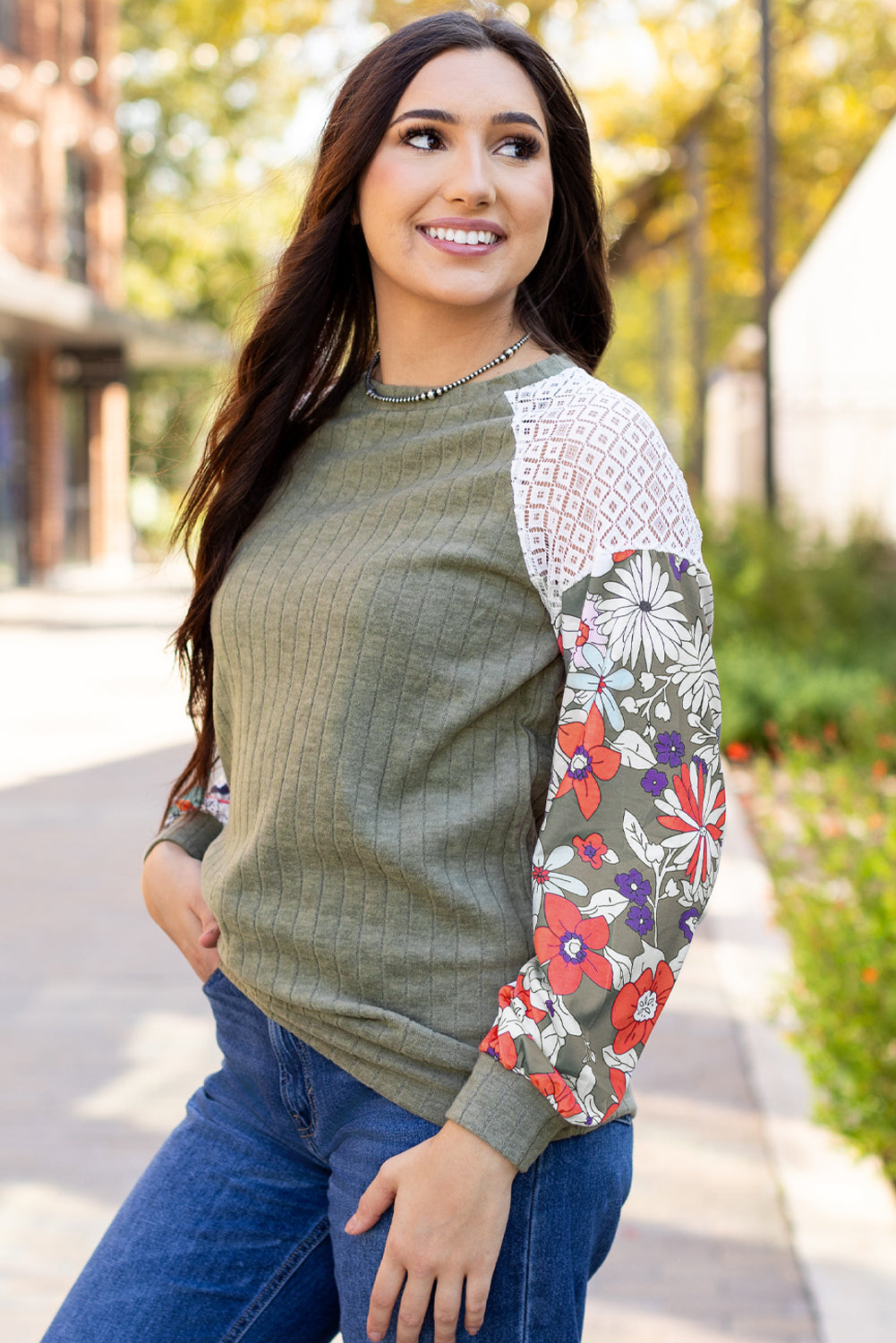 Blouse côtelée a manches longues et patchwork floral