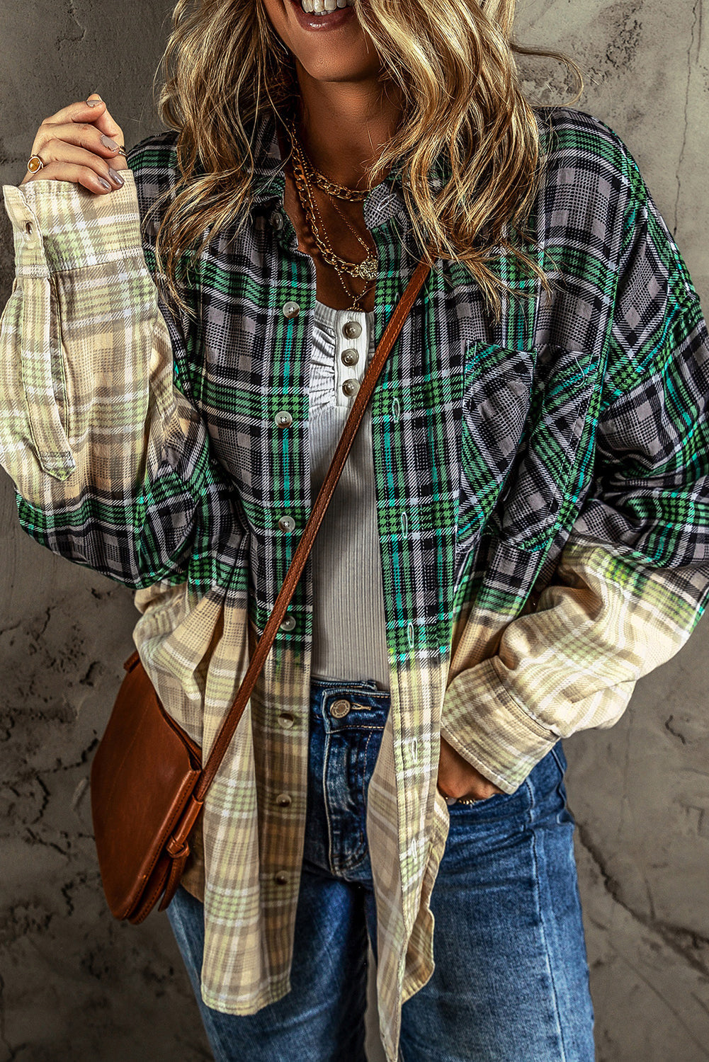 Veste boutonnée avec poche poitrine et patchwork à carreaux contrastés