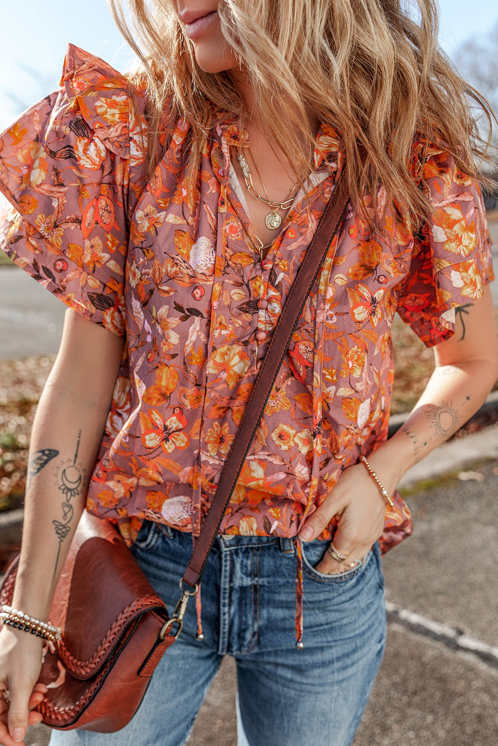 Blouse a col en V a volants et manches flottantes a imprimé floral