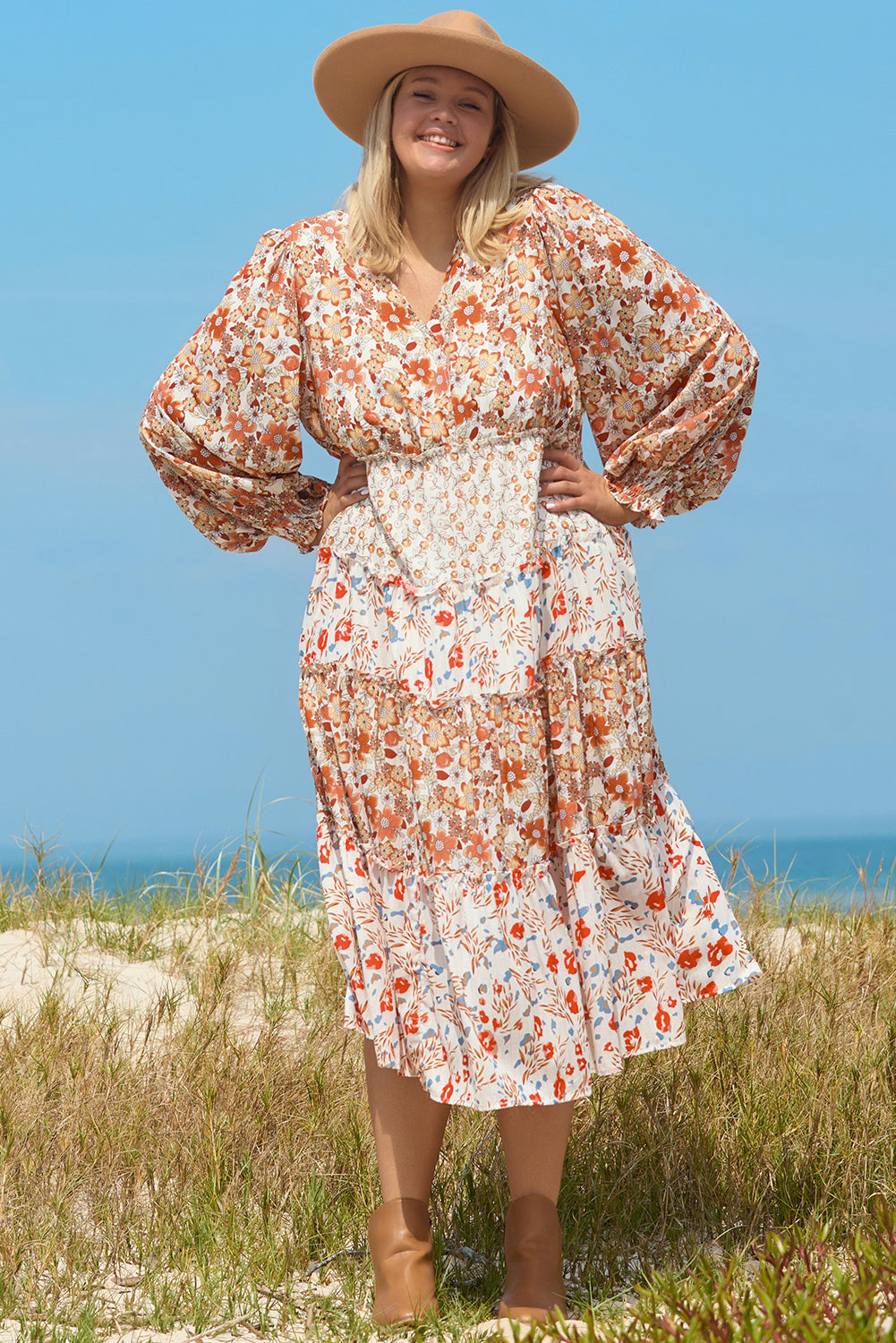 Robe Longue Florale a Volants Étagés de Grande Taille