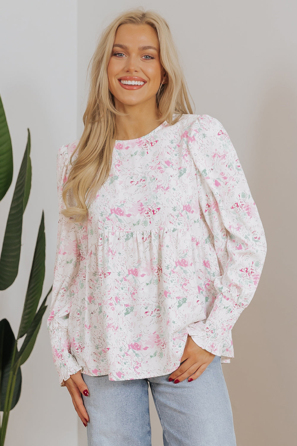 Chemisier babydoll a imprimé floral et manches ballon froncées avec trou de serrure dans le dos