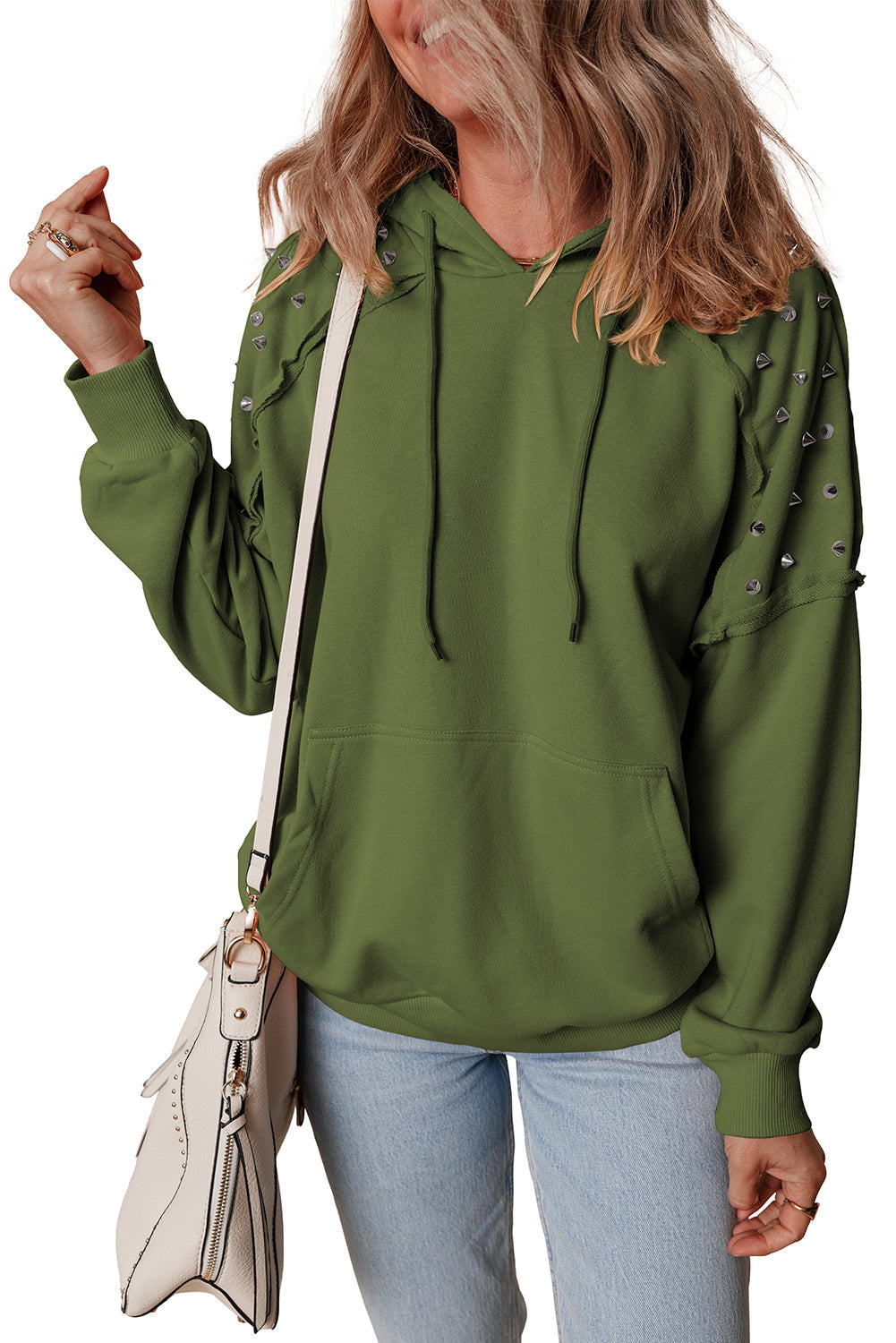 Sweat à capuche à manches raglan et rivets de couleur unie avec poche