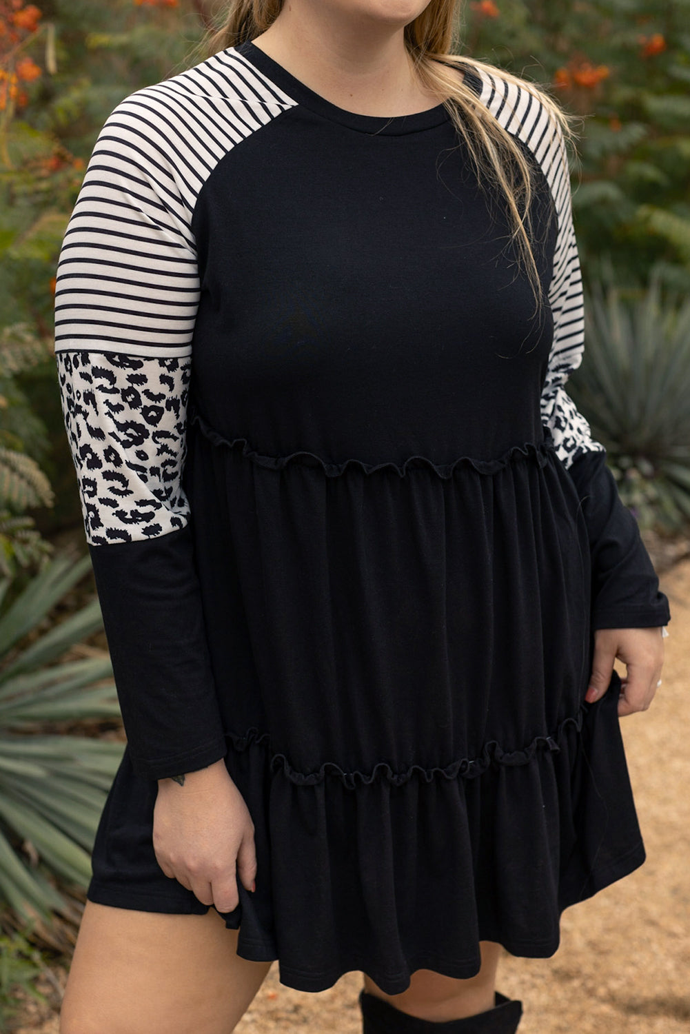 Robe Rayée Léopard à Volants et Manches Patches de Grande Taille