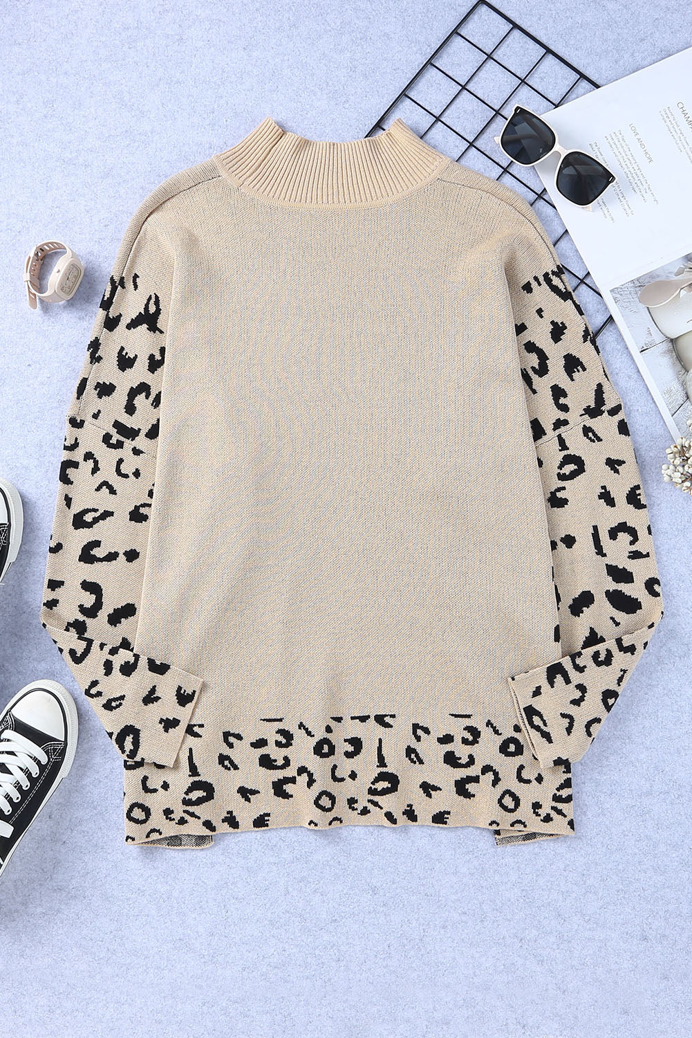 Pull oversize kaki léopard à col haut et fente latérale