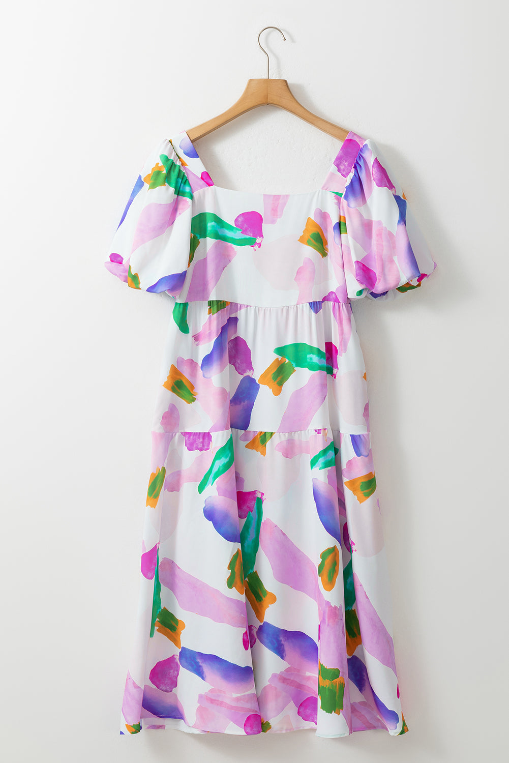 Robe midi à manches bouffantes et dos froncé à imprimé abstrait