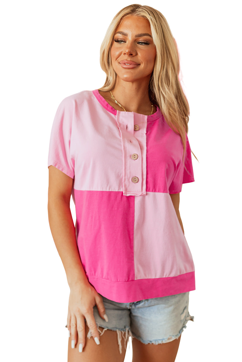 T-shirt bicolore a col demi-boutons