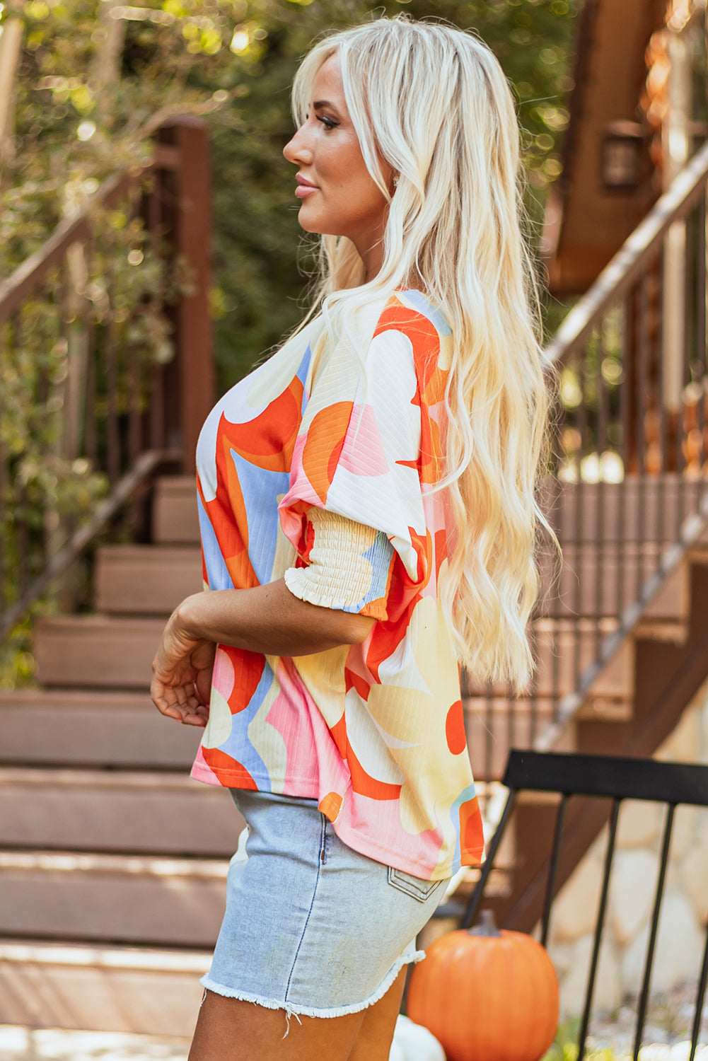 Blouse côtelée a manches 3/4 froncée a imprimé floral