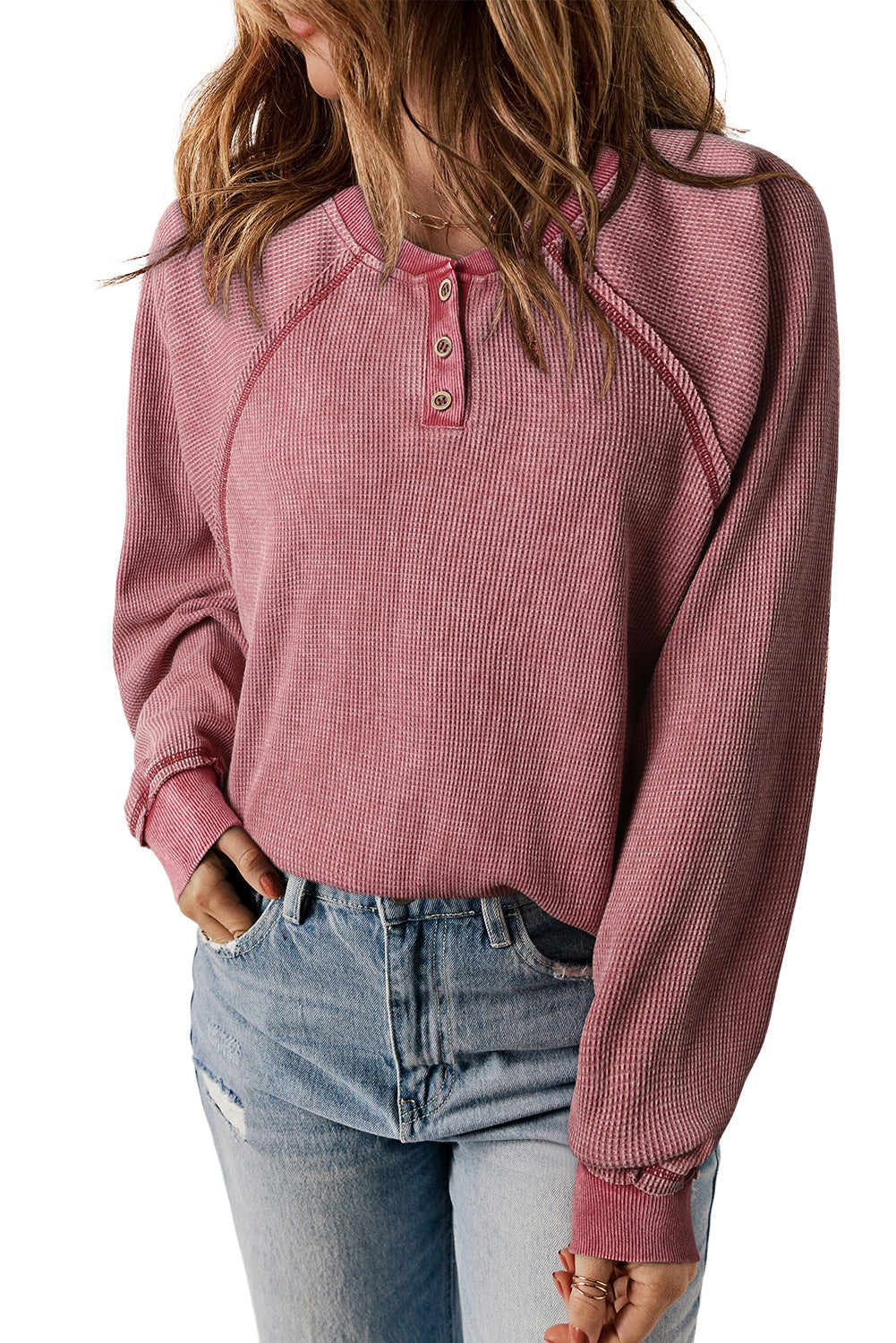 Sweat Henley en tricot gaufré à manches raglan