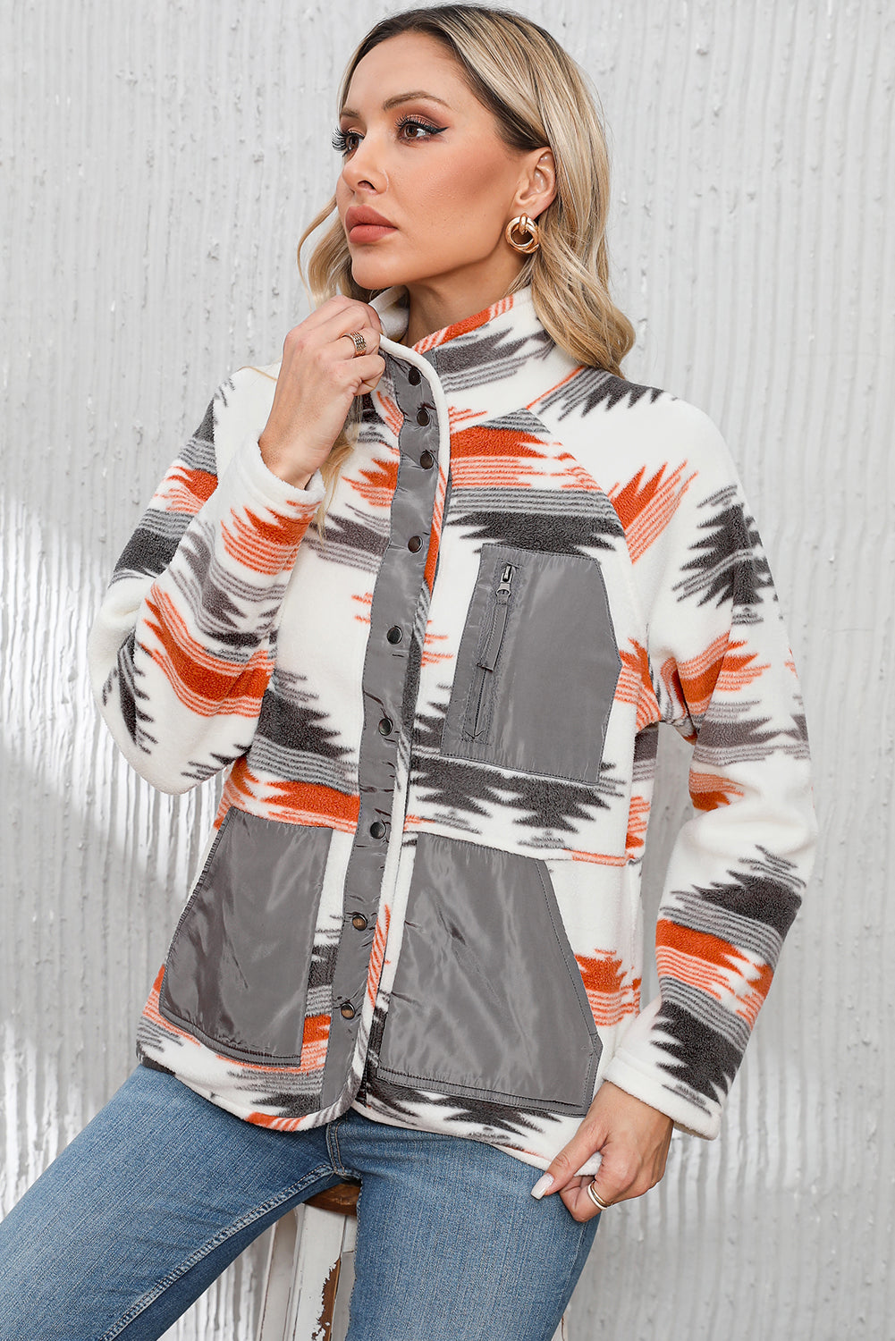 Veste à boutons-pression en polaire patchwork aztèque