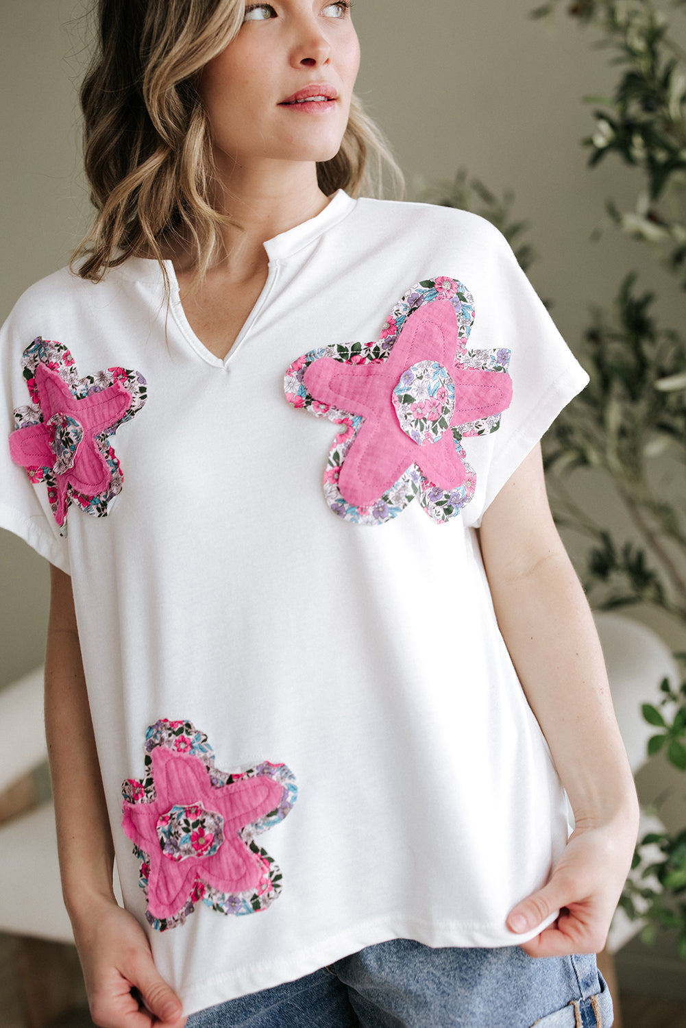 Haut à manches dolman et col en V cranté avec appliques florales