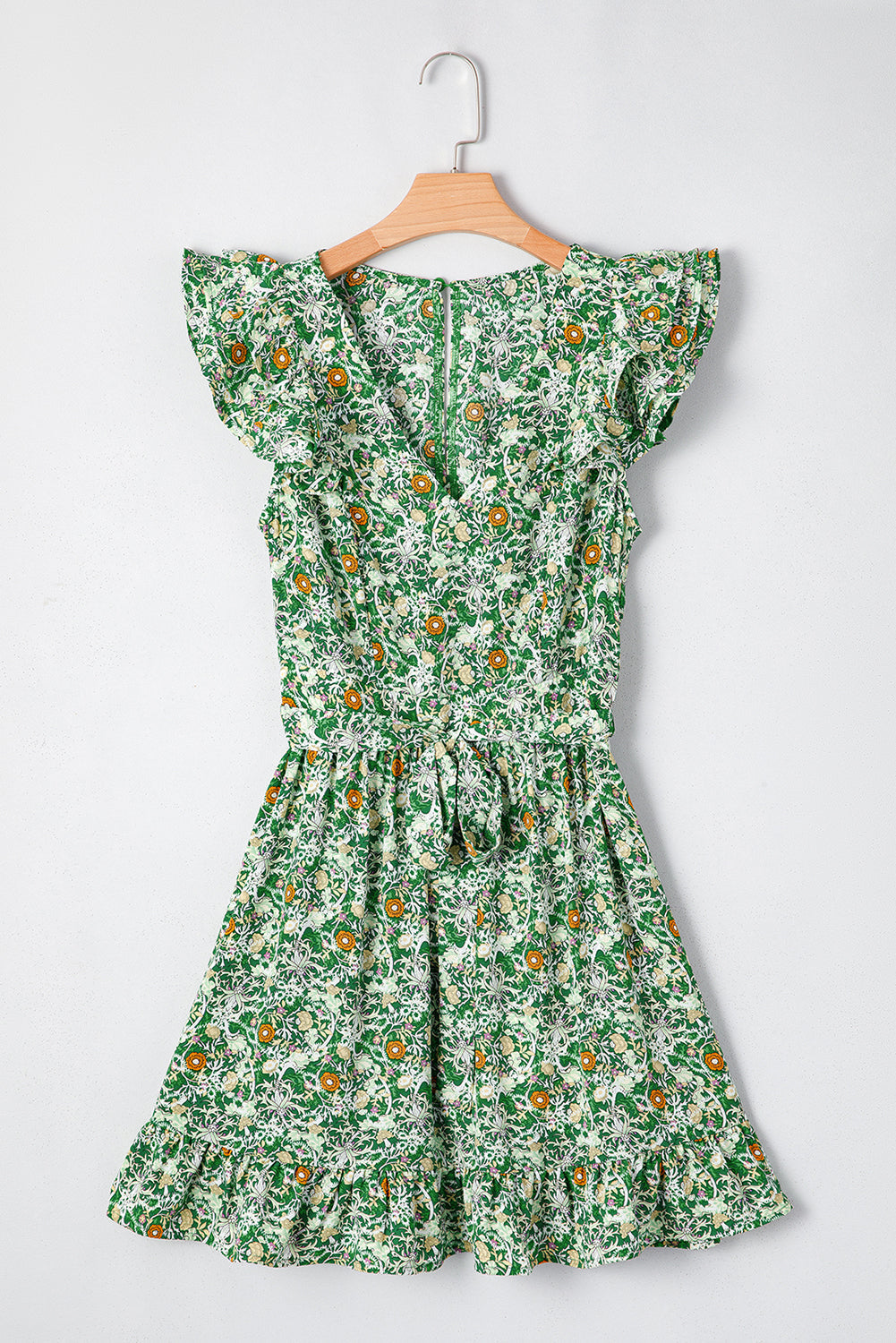 Robe courte à volants, col en V, manches flottantes et imprimé floral