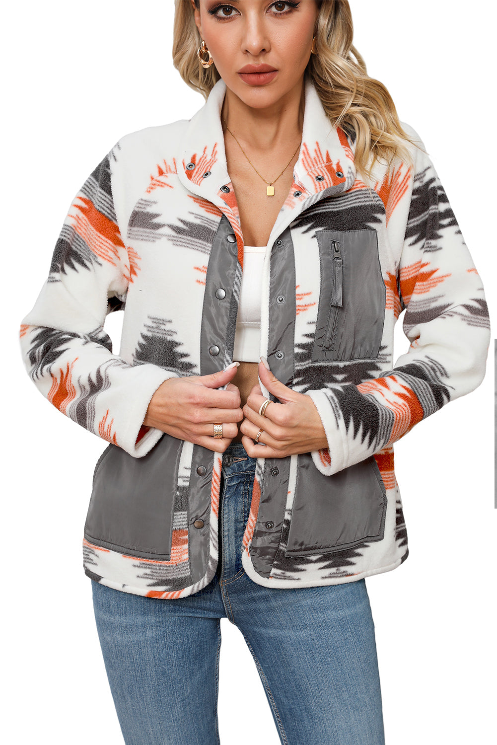 Veste à boutons-pression en polaire patchwork aztèque