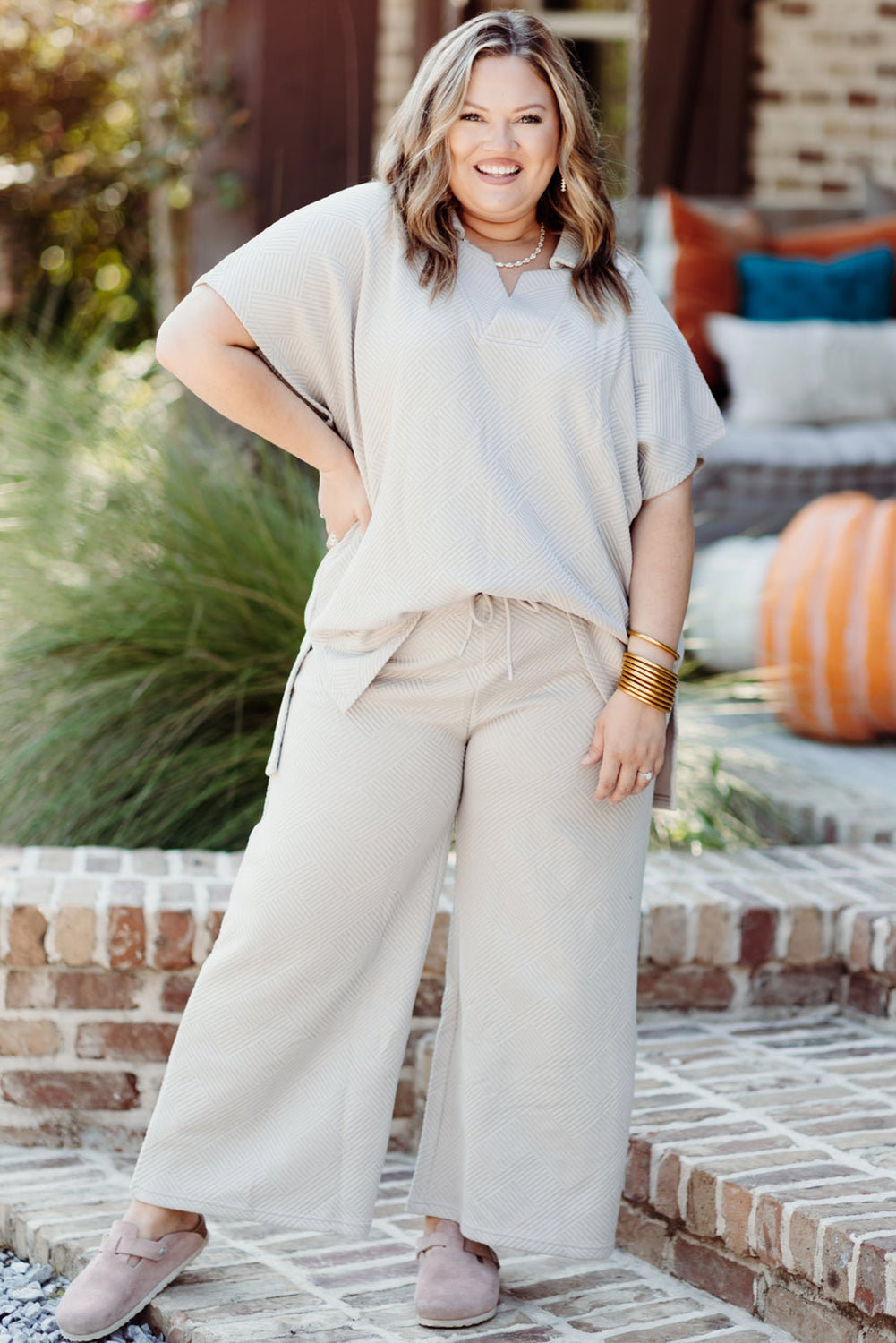Ensemble Haut et Pantalon a Col Texturé de Grande Taille