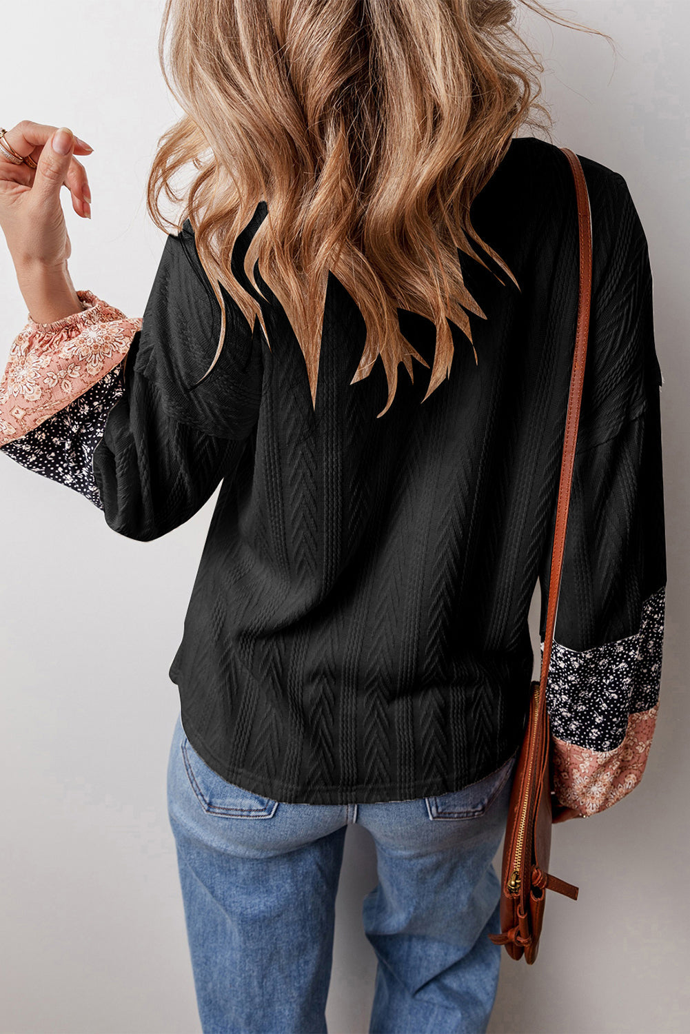 Blouse a col en V avec cordon de serrage en tricot texturé patchwork floral