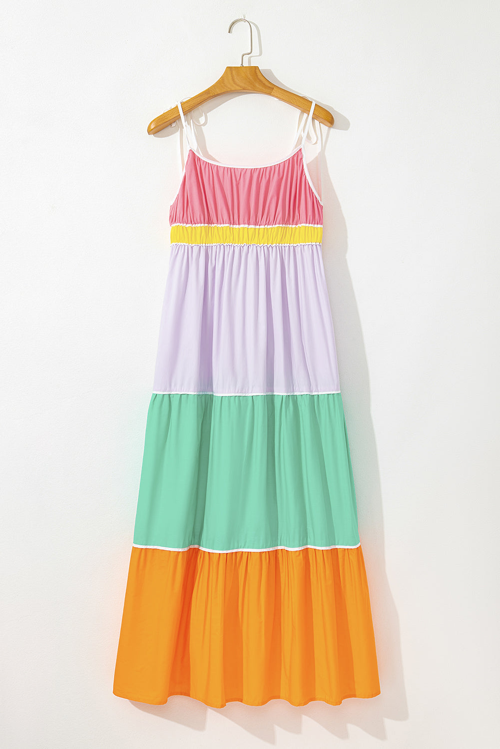 Robe longue fluide à taille haute et bretelles à nouer, colorblock, avec poches